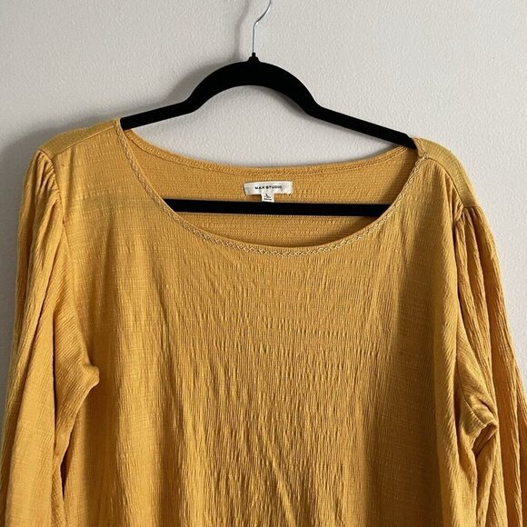 Max Studio Women SZ L Mustard Yellow Long Balloon Sleeve Textured Pullover Top - Picture 4 of 9